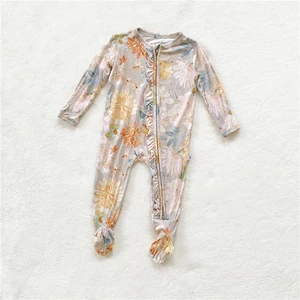 Custom High Quality 95% bamboo Fiber 5% spandex  Fabric Long Sleeve With Zipper Printing Baby Boys Clothing Romper zipper