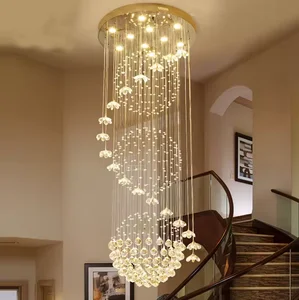 Custom Large Hanging Lights Hotel Lobby Staircase Led Long Spiral Crystal Ball Chandeliers