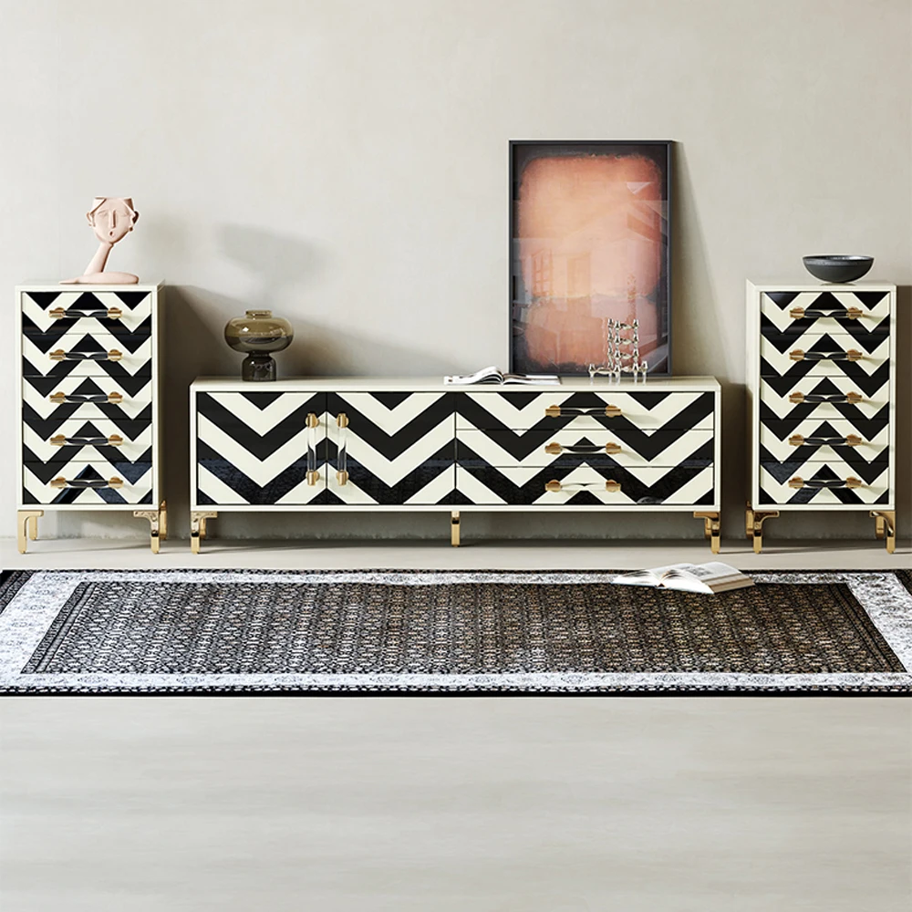 Modern New Design zebra Stripes Tv Stand and Tea Table Combination Meta Leg Sofa Coffee Table TV Console Cabinet Sets Pictures