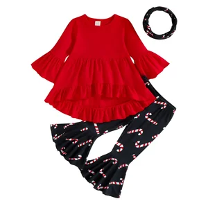 Baoxin Children's Clothing Autumn Winter European American Christmas Neck Lace Bell Sleeve Top Solid Color Pants Girls Cotton