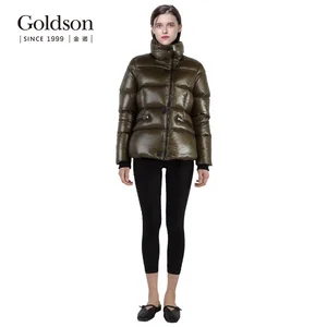 Puffy Shiny Brown Surface Polyester Windproof Women Winter Down Coats Jackets for Lady