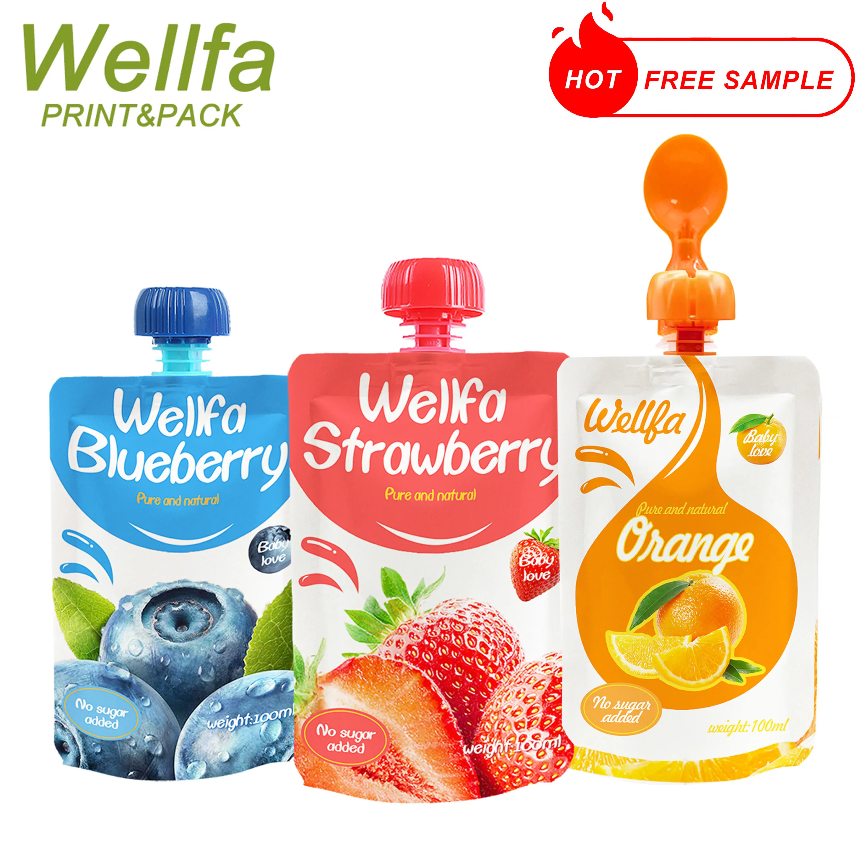 Factory Custom Printed Stand Up Reusable Squeeze Jelly Juice Doypack