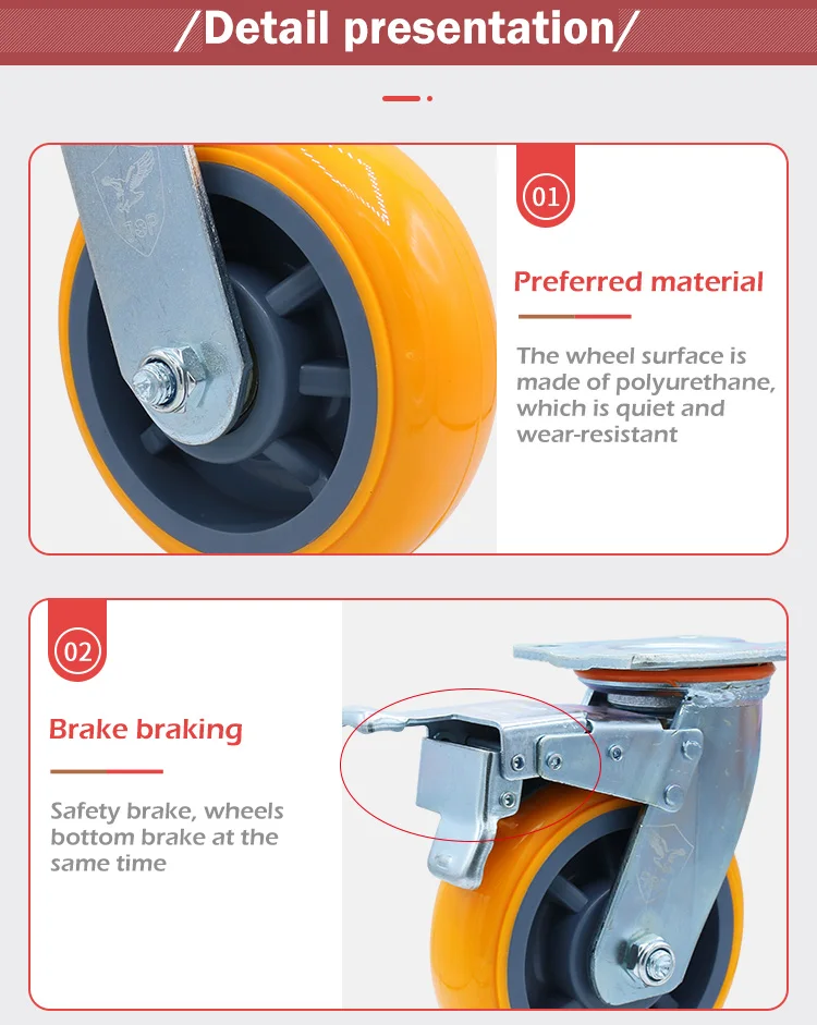 4 5 6 8 inch heavy duty yellow swivel caster 150mm pp core pu polyurethane castor wheels for trolley details