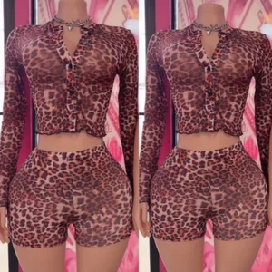 Viviblook Z1028ST Women Sexy Sheer Mesh Long Sleeve Button up Tops Shorts Match Night Club Outfits Leopard Print Two Piece Set