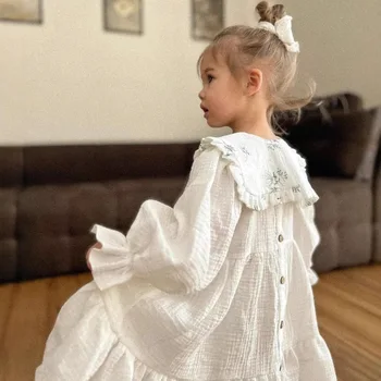 2025 Ins British Style Kids Casual Dress Spring Baby Skirts Girls' Cotton Linen Cardigan Detachable Ruffle Collar Skirt