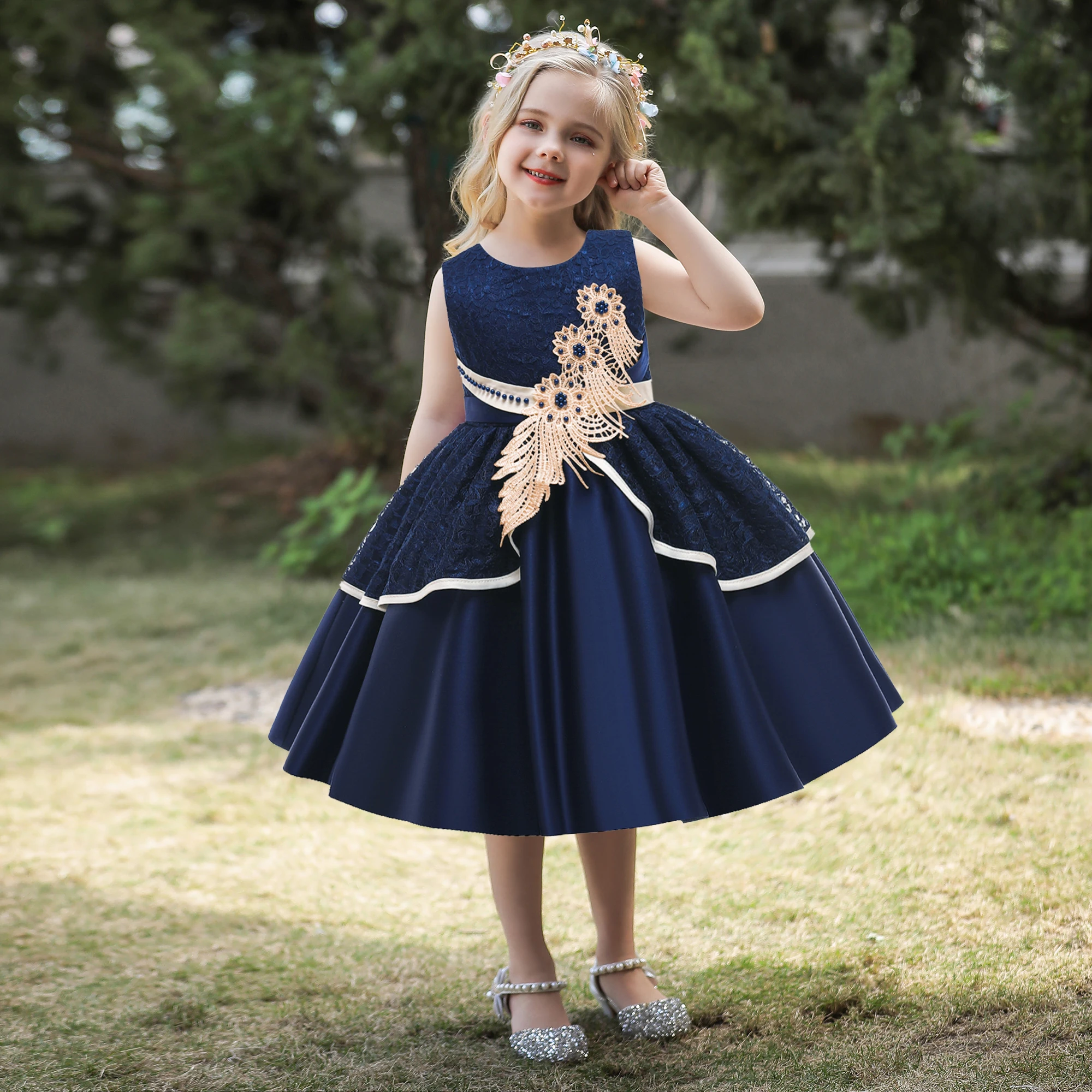 FSMKTZ New Arrival Satin Lace Dress for Girls Perfect for Parties