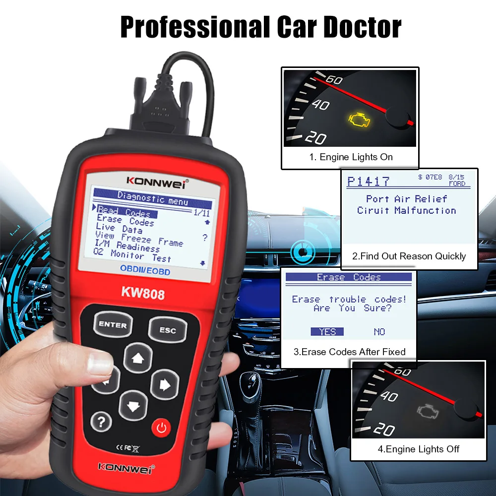 Full Function Handheld KONWEI KW808 OBD2 EOBD Diagnostic Tool Car Engine System Trouble Scanner
