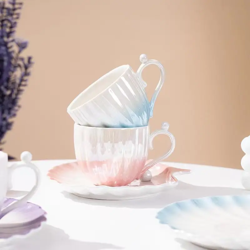 product fenn elegant afternoon tea set unique pearl shell design cup saucer ceramic cup set colorful glazed porcelain cup and saucer-56