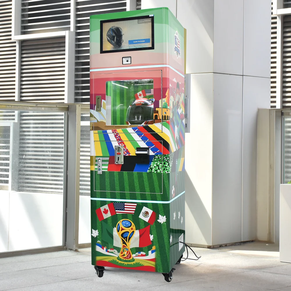 Patent Manufacturer Custom Automatic Commercial Motorcycle Bike Helmet Vendo Dry Cleaning Washing Machine with Wordcup Theme