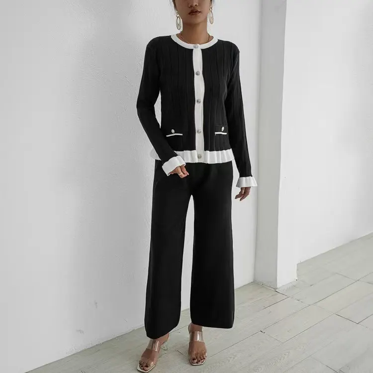 Autumn and winter chic trumpet long sleeved knitted cardigan set women's fashionable wide leg pants two-piece set trendy