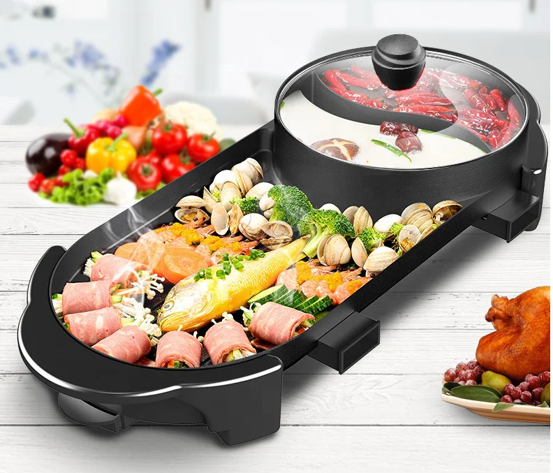 Longbank Indoor Small Electric Bbq Grill Pan Electric Barbecue Griddle  With Hot Pot Tefal