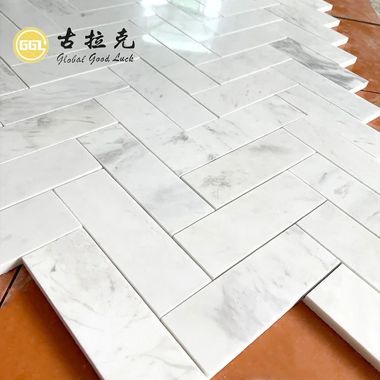 Volakas White Marble Herringbone Marble Mosaic For Bathroom Floor Tiles