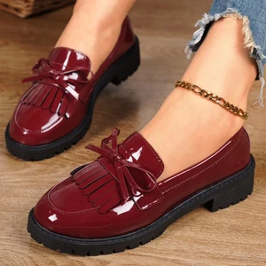 Custom Logo Women's Patent Shiny Business Dress Shoes Lady Red Platform Tassels Loafer Shoes