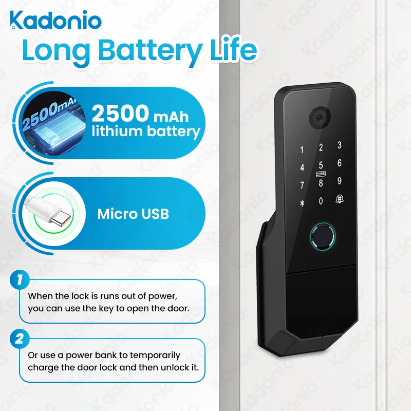 Kadonio WIFI Control Automatic Fingerprint Password Keyless Camera Door Bell Digital Smart Rim Lock With Display Screen