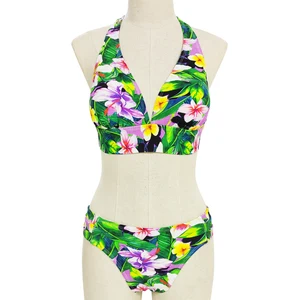 Luxury Tropical Floral Print Swimwear Beachwear for Ladies Breathable Swimsuit Custom Two Piece Women' Halter Bikinis Set