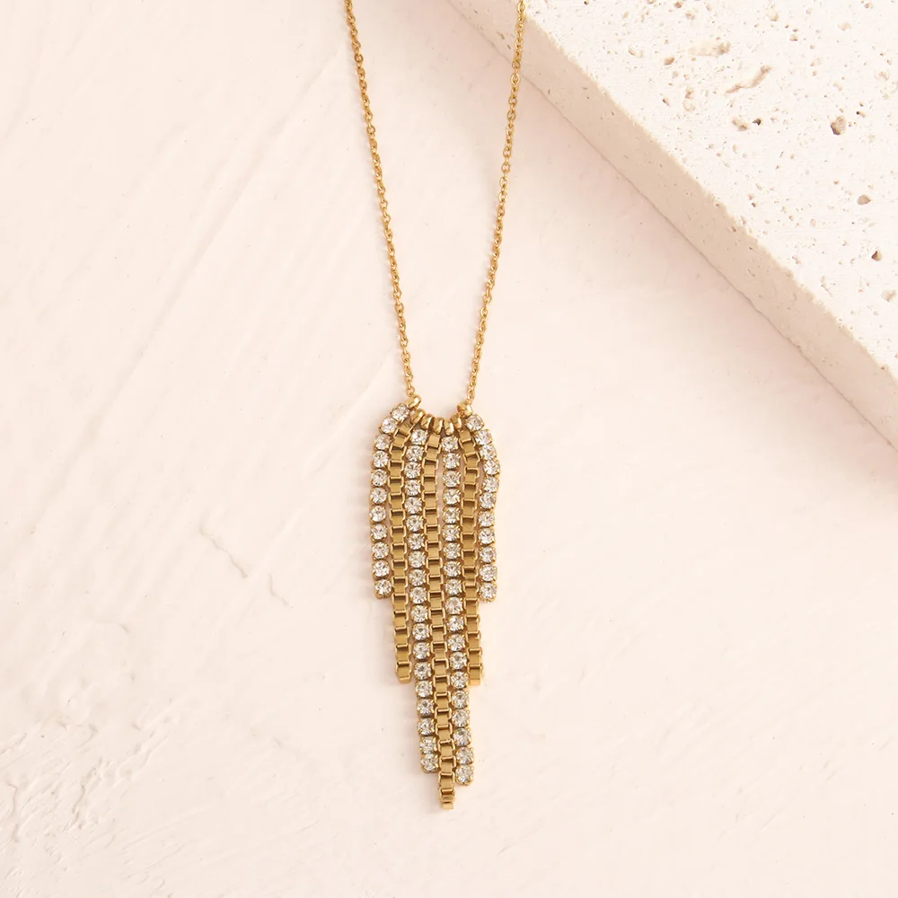 18K Gold Tassel Zircon Charm Necklace