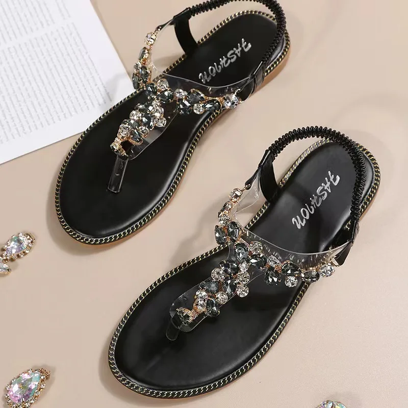Black Diamond Buckle Non-Slip Flat Sandals, Rhinestone & Transparent  T-Strap Beach Sandals, Casual Or Dressy | SHEIN USA