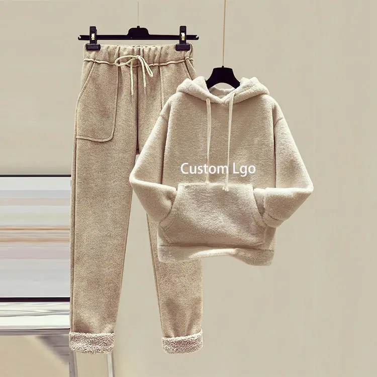 Custom Thick Sweatshirt Pants Set Female Winter Warm Fleece Embroidered ...