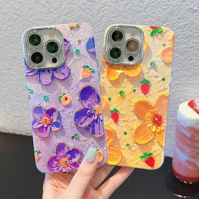 Hot Selling Blue light oil painting drop glue sparkling diamond purple yellow Flower for iphone 15 14Promax for women phone case