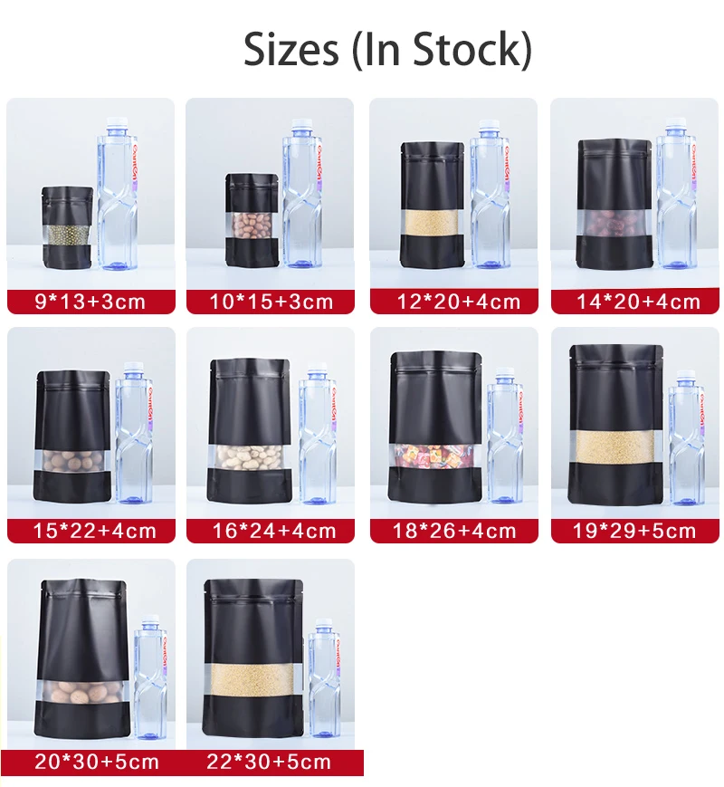0.2mm Custom Black Frosted Window Zipper Bag for Food Packaging Print for Spices Dry Fruits Chewing Gum  Canned Food Wholesale