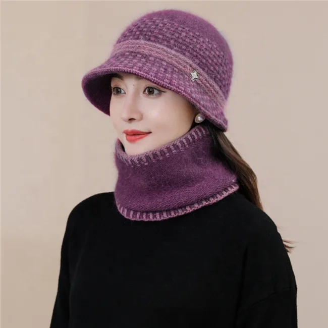 2023 модная женская зимняя полосатая шляпа-ведро женская теплая вязаная шапка-шарф из кроличьего меха