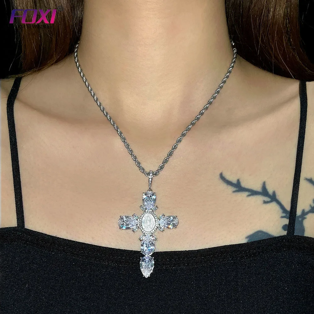 For Foxi Silver Gold Plated Virgin Mary Shell Necklace Custom Logo Religious Cross Jewellery with Zircon Brass As Main Ston
