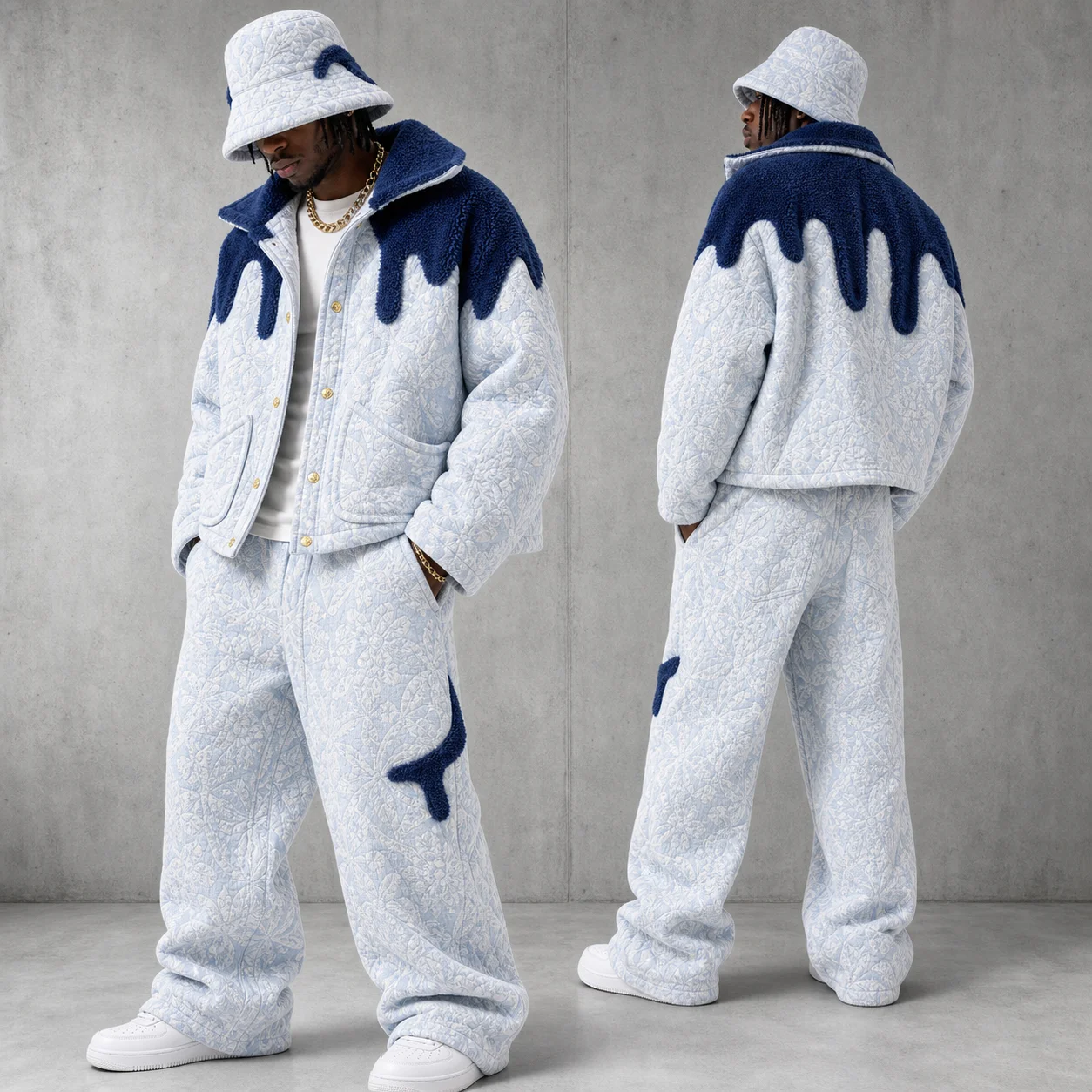 Wholesale Quilted Padded Jacket Pants Set Fleece Trim Sherpa Collar Streetwear Winter Bulk Fashion Men Winter Tracksuit Set gallery 2