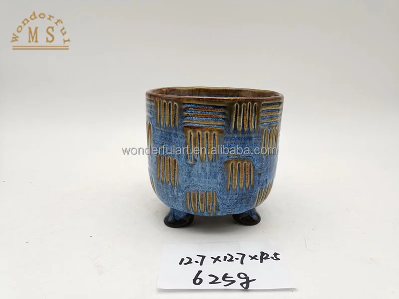 Reactive glaze pot blue ceramic flower pot polistone mini garden planter for home desktop decoration