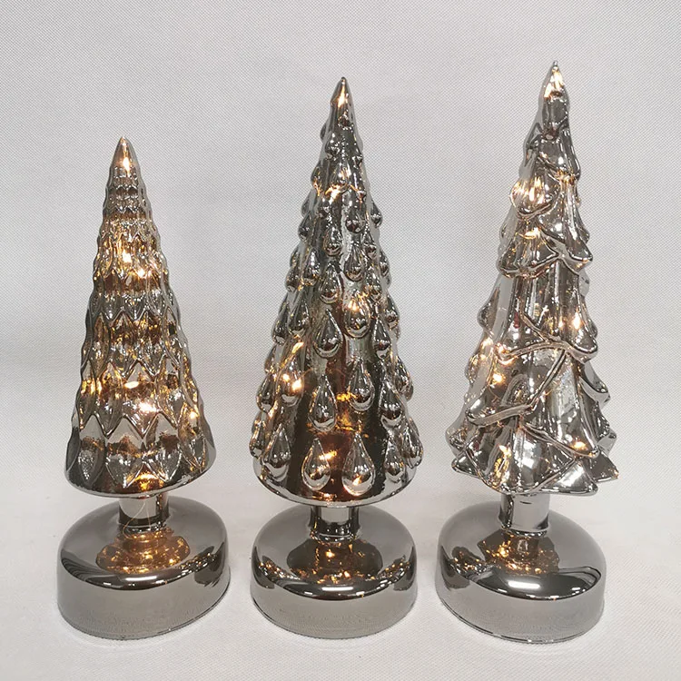 Vintage modern tabletop pre lit led lighted up mini green hand blown glass christmas tree decorative figurine set with lights supplier