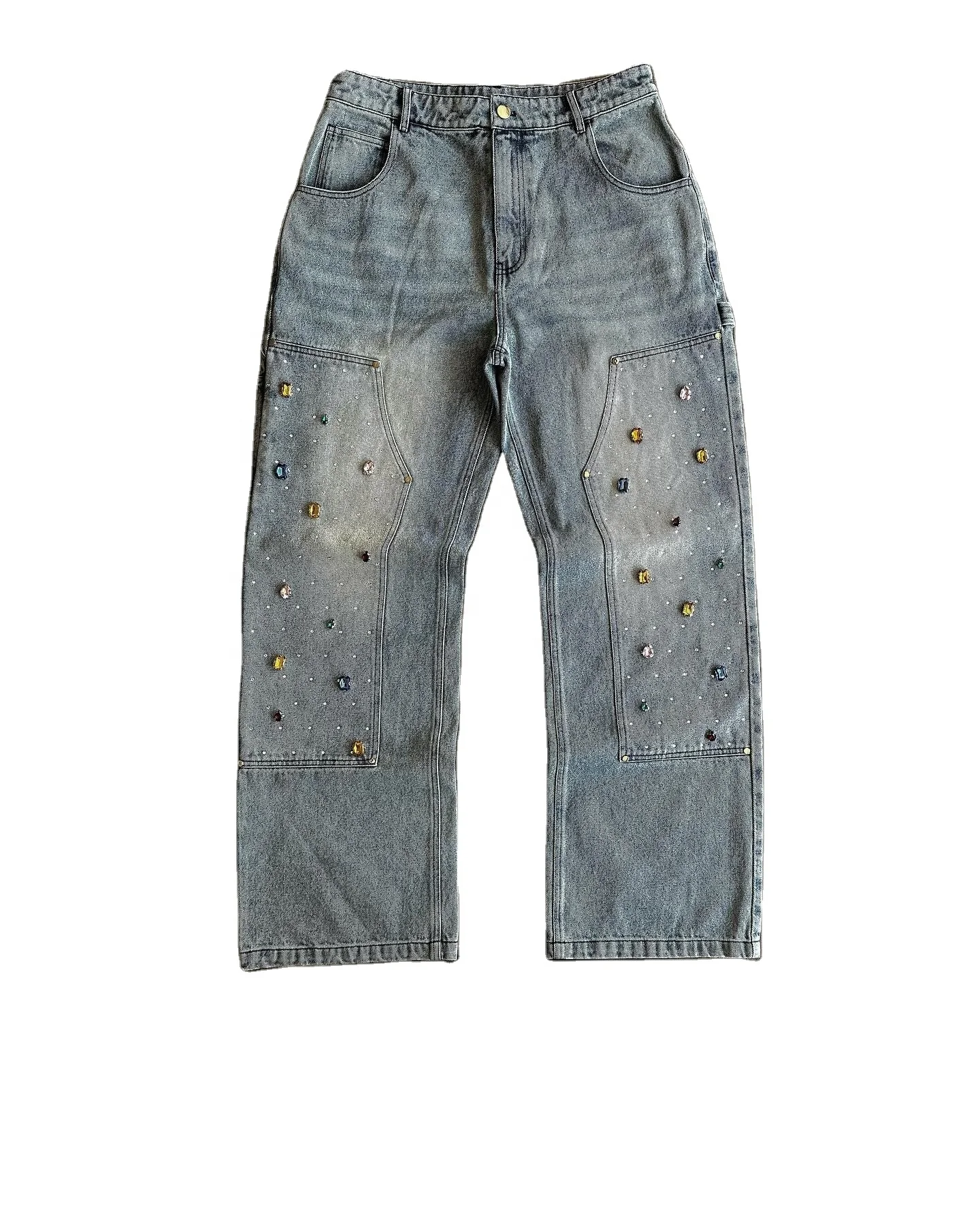 Custom Designer High Waist Rhinestone Oversized Wide Leg Acid Wash Distressed Baggy Carpenter Flare Jean Pant Denim Jean for Men gallery 2