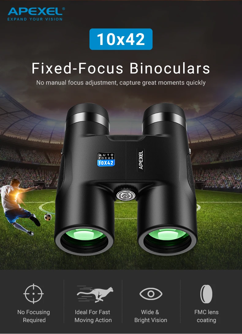 Professional High Powered Compact Binoculars 10x42 Fixed Focus Binoculars Focus Free Binoculars