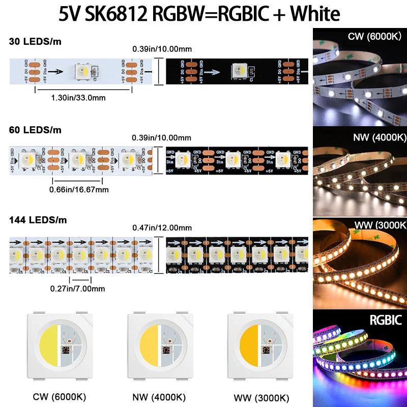 Addressable RGB LED 5V 12V  Programmable LED Tape WS2811 WS2812B SK6812 RGBIC Waterproof 12V LED Strip Light