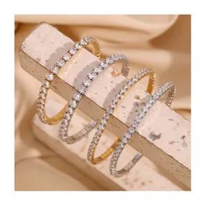 OEM 18K Gold Plated Stainless Steel Elastic Bracelet Light Luxury Full Zircon Tennis Bangles for Women Fashionable Bangle
