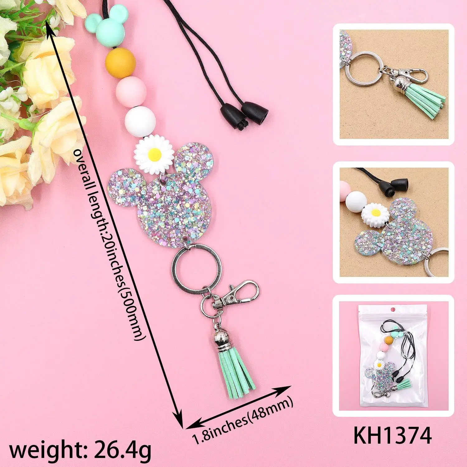 YYXKH1374 Keychain Cute Green Silicone Mouse Bead Laser Cutting Acrylic Certificate Lanyard UV Printing Stainless Steel Metal supplier