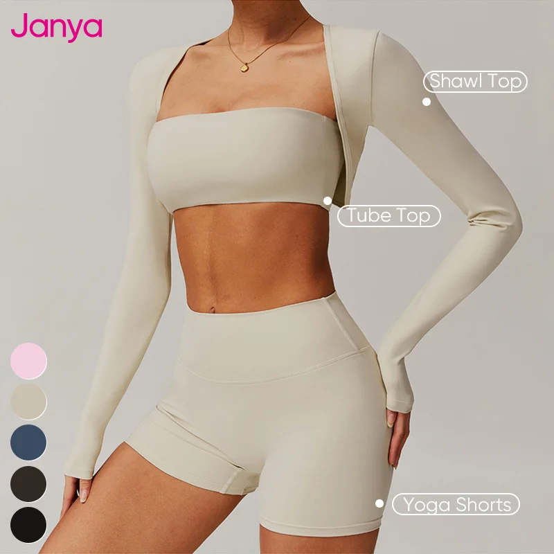 Janya 2025 Breathable Solid Women's Activewear Sports Suit Hot Sale 3 Piece Gym Fitness Sets Scrunch Butt Short Pants Shorts