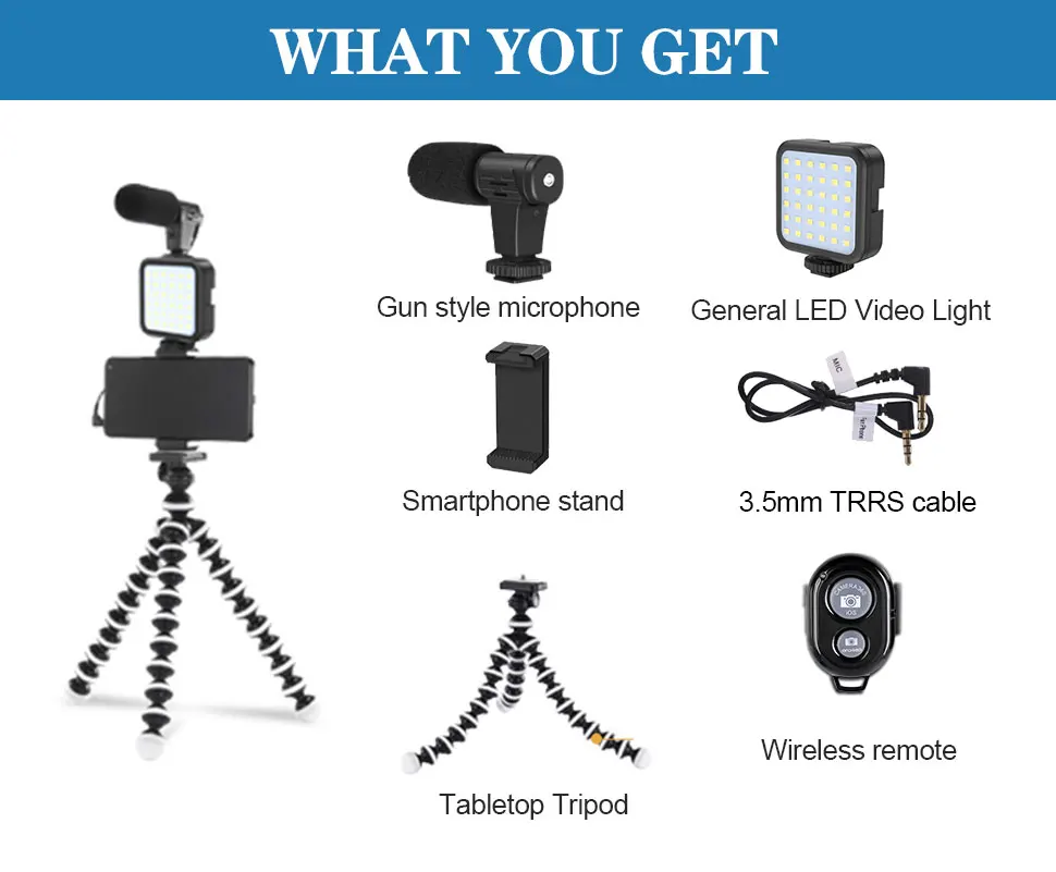 KIT-03LM Smartphone Vidéo Microphone Filaire Support de Téléphone Trépied Support Lumière LED Kits de Vlogging Micro pour Youtube TikTok Live