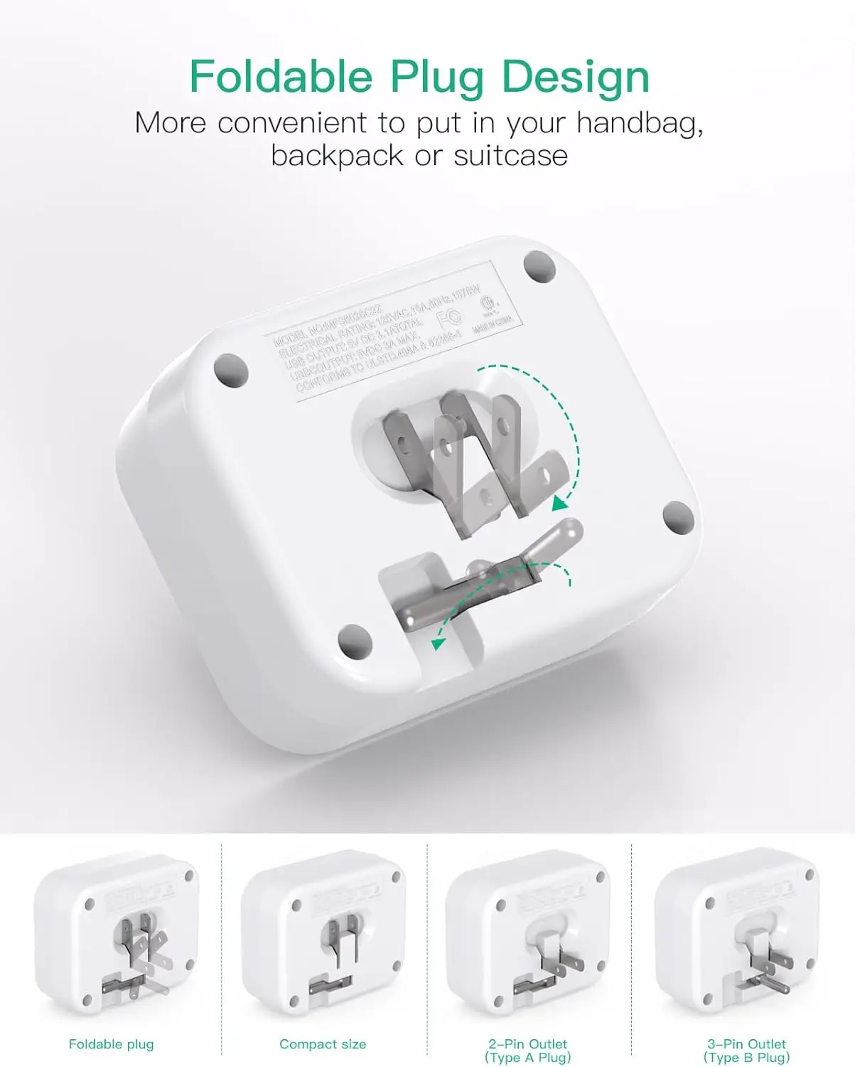 Foldable Plug Cruise Power Strip USB-C Outlet Extender Travel Essentials Wall Socket 15A Rated Current 125V No Surge Protector