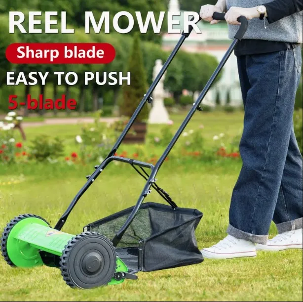 Gardening Tool Push Reel Walk-Behind Steel Lawn Mowers with Multiple-Blade 4-Position Cutting Height Adjustment