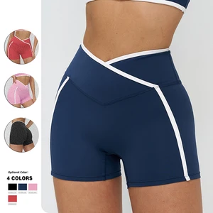 Custom Logo High Waist Cross V Waist Nude Feel Contrast Color Quick Dry Breathable Butt Lift Yoga Gym Fitness Shorts for Women