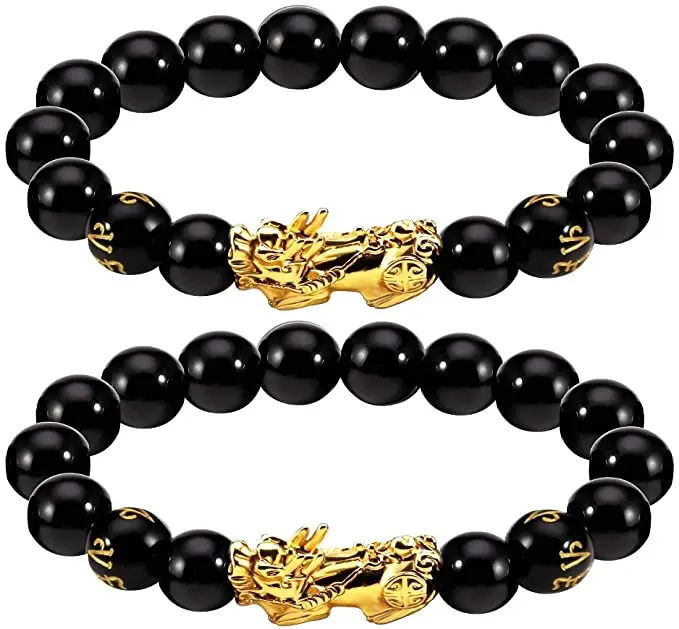 EnjoIt 3Pcs 12mm Hand Carved Mantra Stone Feng Shui Elastic Bracelet Pi Xiu Bracelet Black Obsidian Wealth Bracelet for Mens Womens C2242 