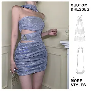 Custom Wholesale Silver Glitter Cutout Women's  Dress Sexy Halter Neckline Ruched Design Sparkling Elegant Club Party Clothes
