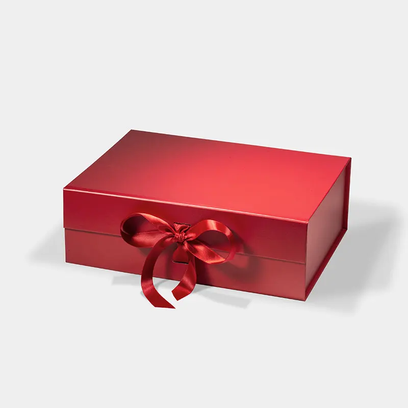 Maßgefertigte Matte Laminierung Rote Festliche Geschenkverpackung Magnetverschluss Flach Faltbare Geschenkbox Mit Band