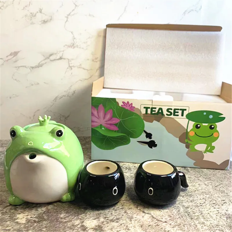 Drop Shipping Cute Green Ceramic Picnic Chinese Tea Pot Set Beautiful Frog Tea Pot Set  of Tea Cup and Pot for Child Friend Gift