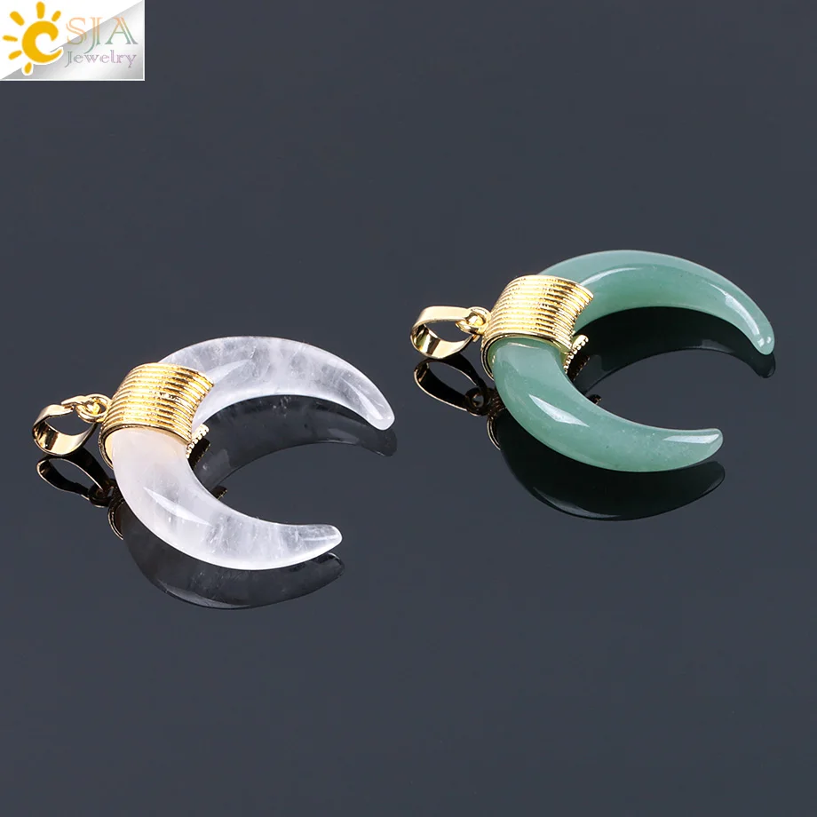 CSJA Natural Stone Horn Crescent Moon Pendant Jewelry Reiki Healing Crystal Charm for Jewelry Making F064
