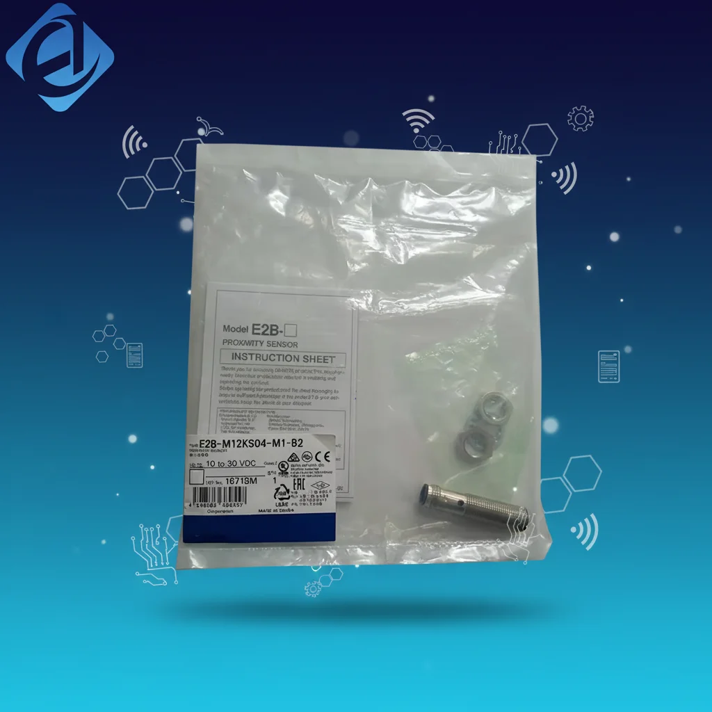 New Original Omron E2B series proximity sensor. M12 cylindrical housing, 4mm sensing distance, NPN output, M12 connector, 10-30V DC supply, IP67 protection. Used for position detection in industrial automation, with stable performance, compact design, sui