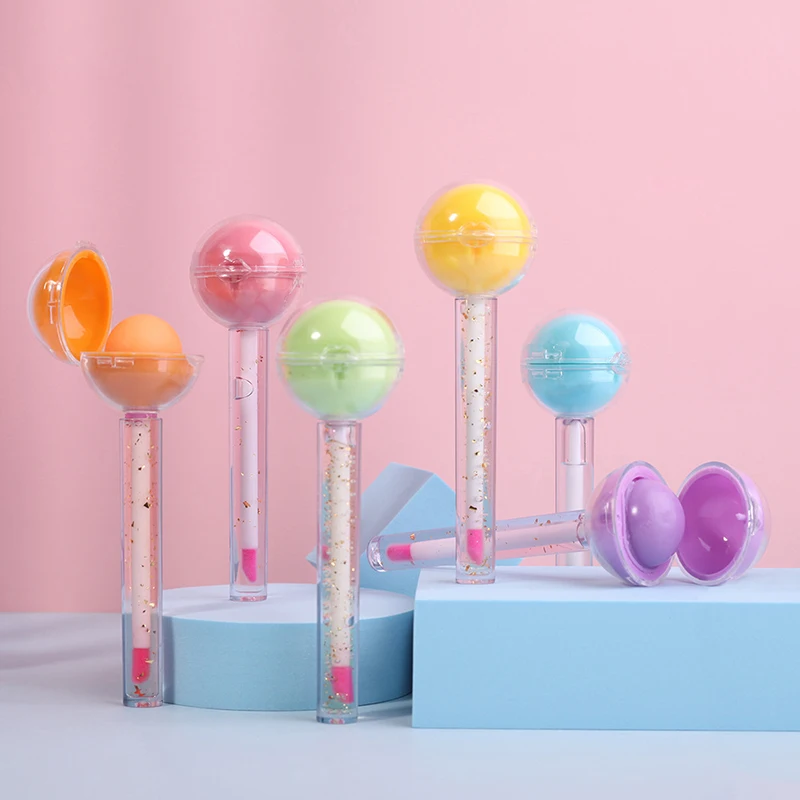 2 in 1 Lip Gloss Cosmetic Lollipop Makeup Change Color Fruit Smell Private Labeling Small Batch Lip Balm Ball for Kids