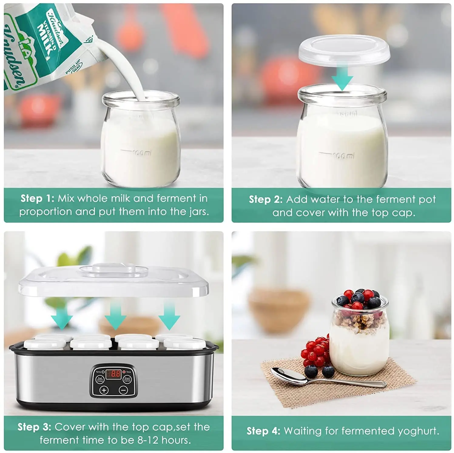 Yogurt Maker Temperature Control With Lcd Display And 8 X 180ml Glass