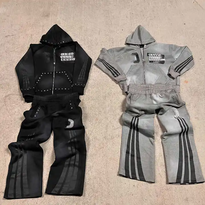 Salati Custom Screen Print Rhinestone Tracksuits Men Zipper Acid Wash Vintage Hoodie Track Sweatpants and Hoodie Set for Men gallery 2