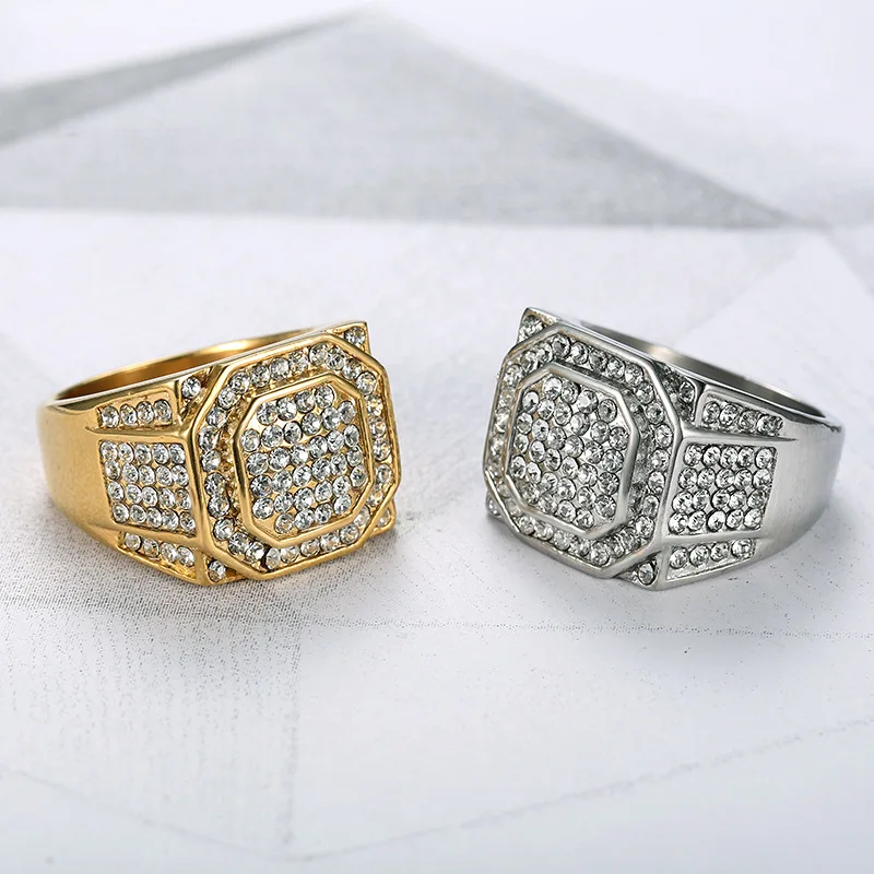 Hot Selling Style 316 Stainless Steel Titanium Steel Gold Plated Full Diamond Luxury Hiphop Men'S Ring