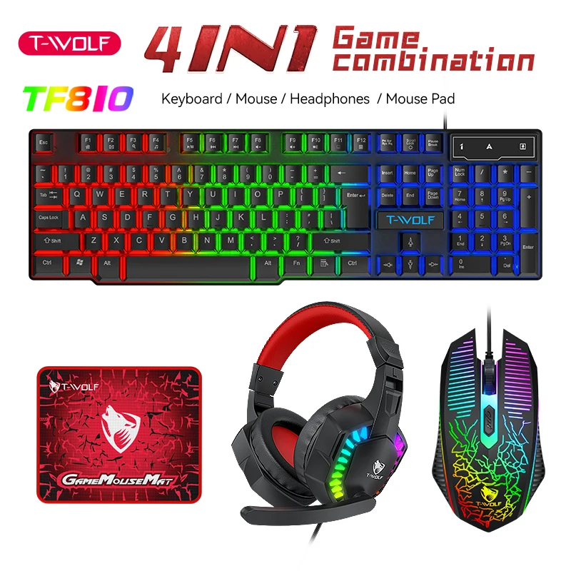 T-WOLF TF810 4-in-1 Wired Gaming Keyboard, Mouse, Headset